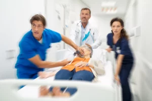 frantic doctors rushing patient to ER